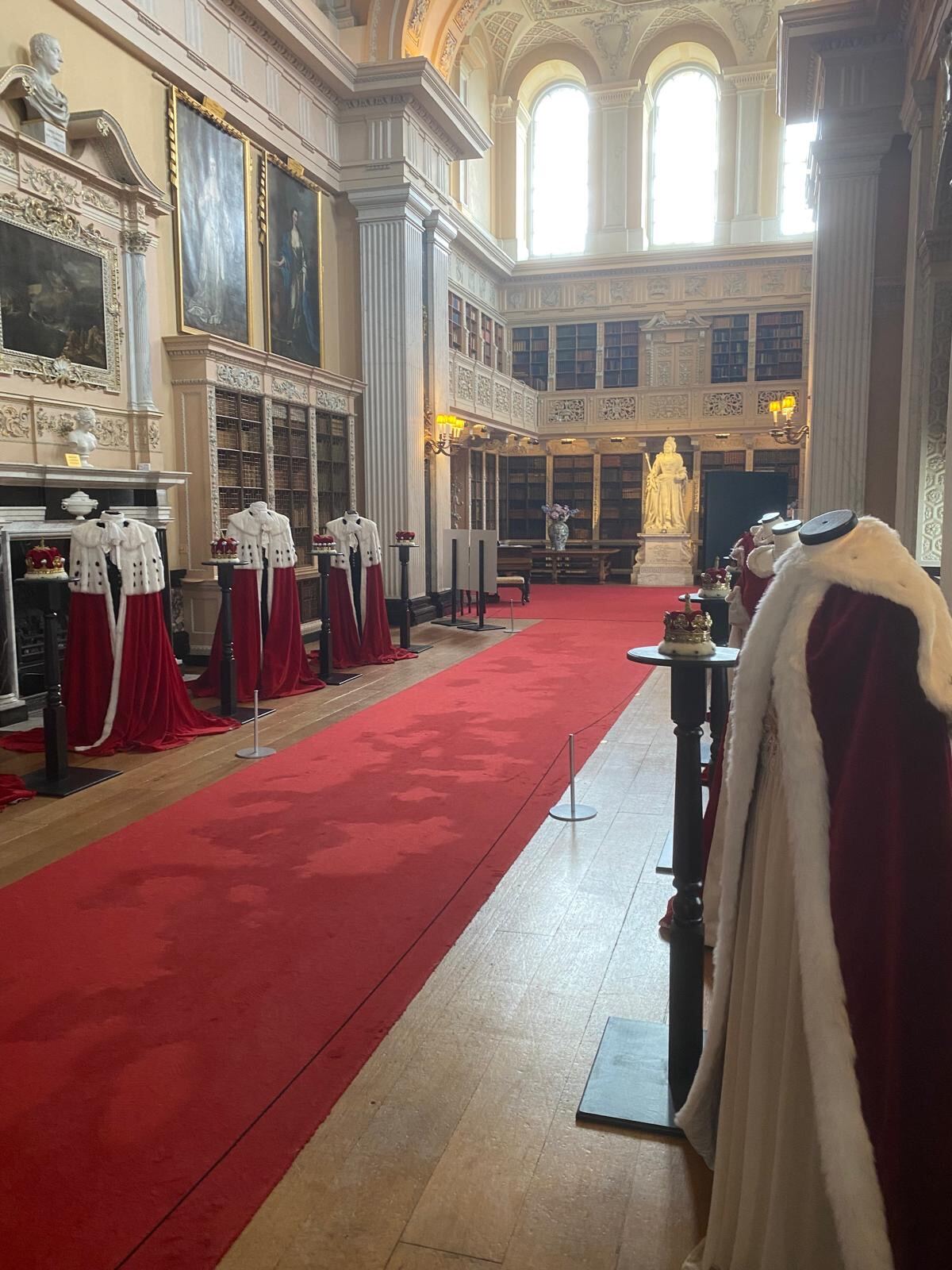 Coronation robes display in the Long Library at Blenheim Palace
