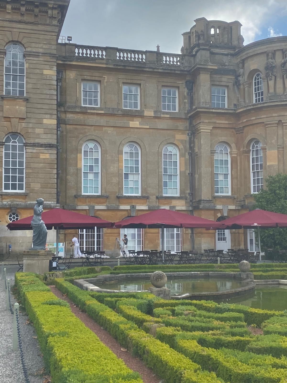 Blenheim Palace south facade with formal parterre gardens and terrace cafe, Woodstock Oxfordshire