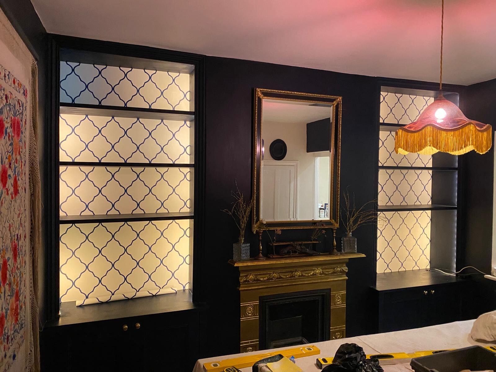 Complex feature wall wallpaper in alcoves, finished for a SAAL Design Warwickshire interior